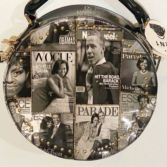 Obama Magazine Handbag Round Black/White glossy collage Purse, tote NWT - Picture 4 of 15